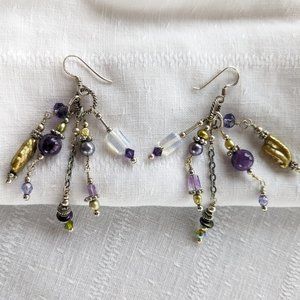 Long Textured Sterling Gemstone Cha-Cha Dangle Earrings